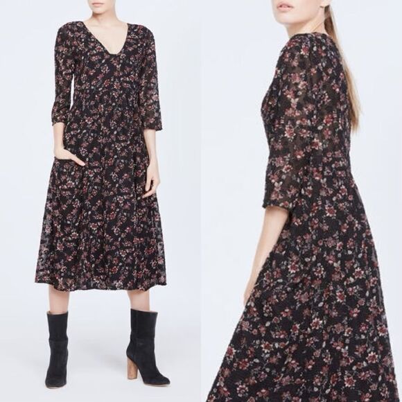 Ba&sh Galvin Midi Black Dress Floral Size L - Picture 1 of 13